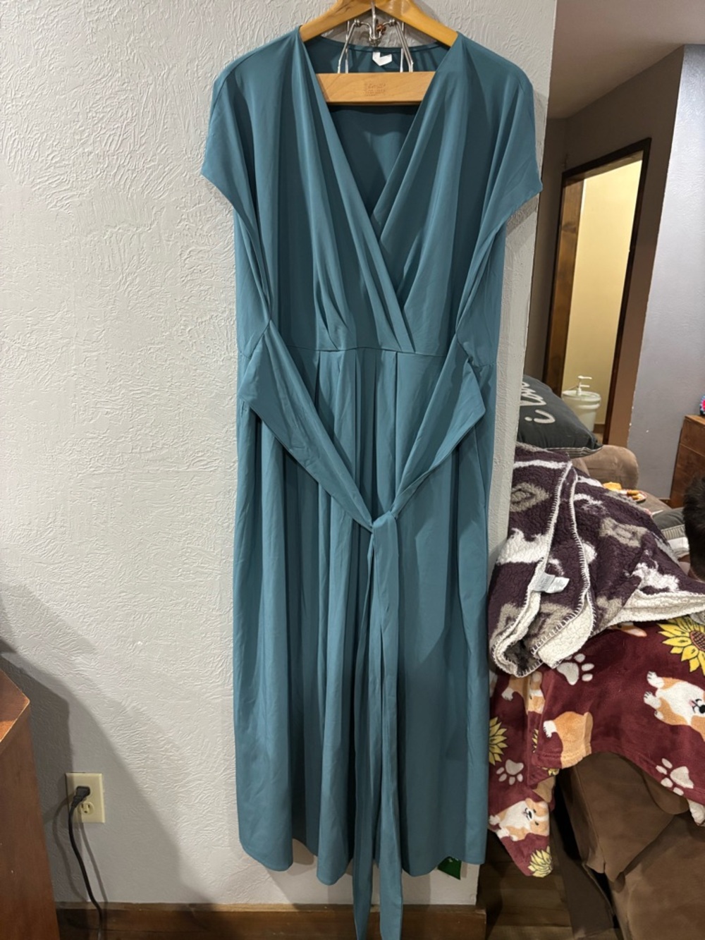 Halara Breezeful NWT V Neck Short Sleeve Pocket Tie Midi Dress Stone Blue Sz 3X - Picture 2 of 9